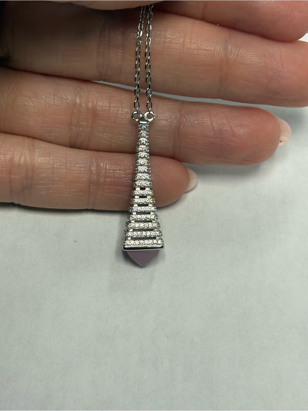Suzy Levian Sterling Silver Pyramid Drop Necklace-Pink NWT